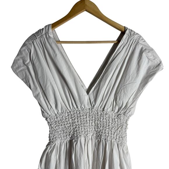 Staud Jackson White Smocked V-Neck Short Sleeve A-Line Midi Dress Size Large - Picture 11 of 16